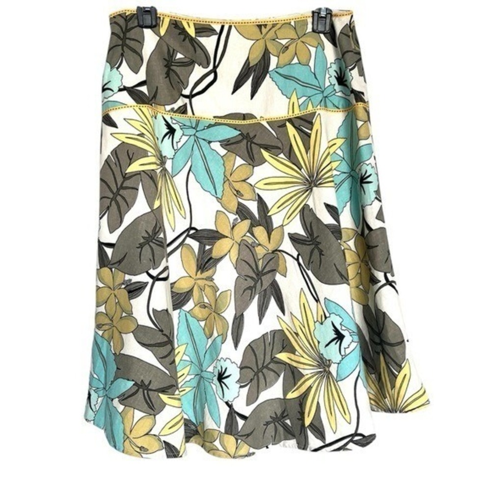 Vintage 90s Linen Blend Lapis Midi Skirt Womens Medium Y2K Spring Floral‎ Beach